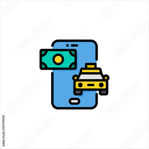 Smartphone displays taxi and money representing online payment for transportation service in modern city, showcasing convenience and digital economy.