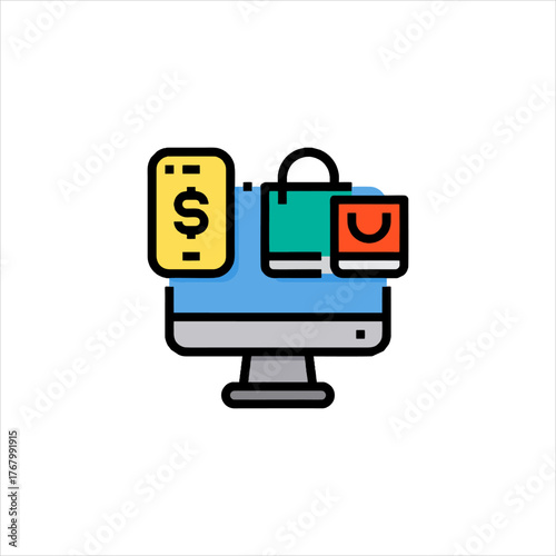 Computer displays online shopping with mobile payment and shopping bags, representing ecommerce and digital retail in a modern and convenient way.