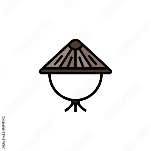 Traditional asian conical hat sits atop a simple head outline, representing cultural heritage and travel in a minimalist style.