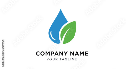 Water drop and leaf logo representing nature and environmental protection.