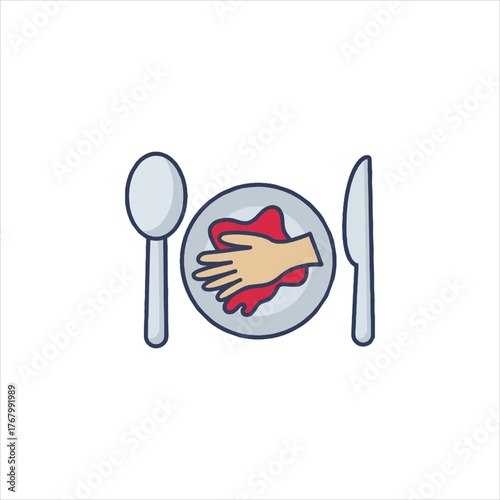Hand wipes a plate clean with a red napkin after a meal at the table, symbolizing cleanliness and hygiene in a restaurant setting.