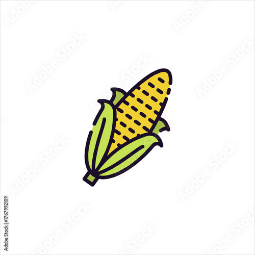 Corn cob displaying vibrant colors on white surface, showcasing fresh produce with simple lines and cheerful mood.