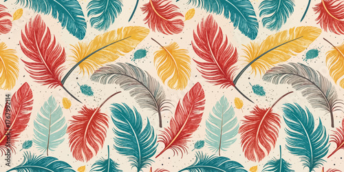 Colorful foliage pattern featuring vibrant feathers in shades of teal, red, yellow, and gray.