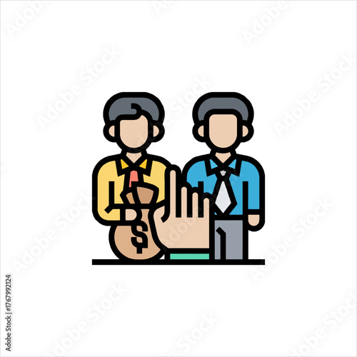 Businessmen refuse money in front of hand with money bag in modern office, depicting ethical business practices and anticorruption measures.