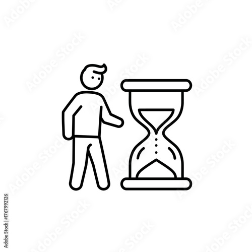Man Standing Next to Hourglass Symbolizing Time Management and Urgency.