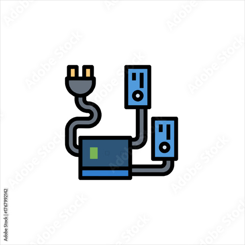 Power adapter connects multiple devices in home office, providing electricity for computers and peripherals, ensuring productivity and convenience.