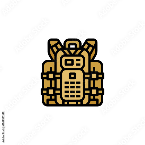 Tactical vest with radio equipment stands ready for action in a war zone, symbolizing preparedness and communication in challenging situations.