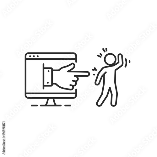 Online harassment concept with hand pointing at person from computer screen.