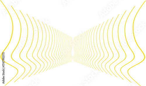 Abstract yellow wavy lines forming a symmetrical tunnel on a white background, creating a modern optical illusion with a sense of depth and fluid motion.
