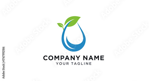 Eco friendly water drop logo with green leaves representing nature and purity.