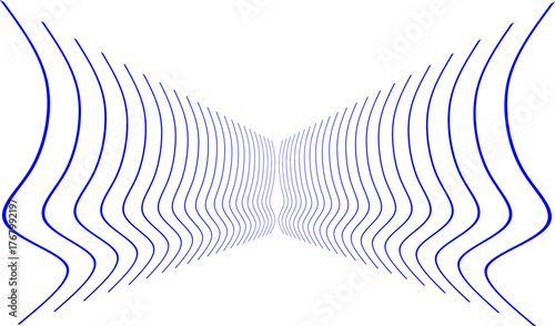 Abstract blue wavy lines forming a symmetrical tunnel on a white background, creating a modern optical illusion with a sense of depth and fluid motion.
