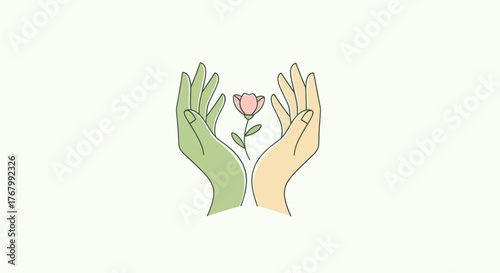 Two hands gently cradling a delicate blooming flower.