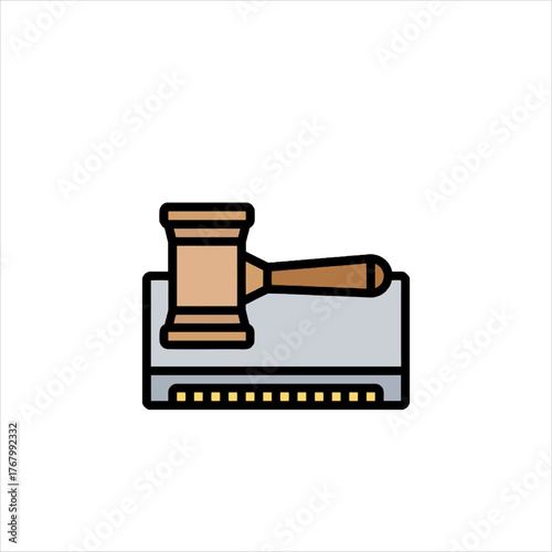 Wooden gavel resting on a server in a courtroom symbolizing digital law and cybersecurity in a modern technological era.