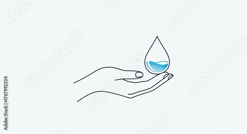 Human hand carefully holding a single blue water drop illustration.