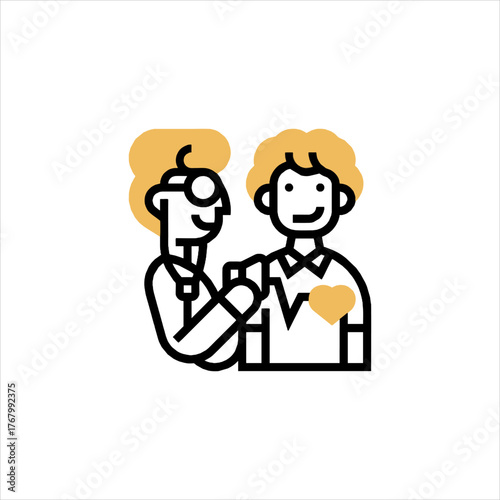 Doctor administering vaccine to patient in clinic, promoting health and wellness with simple line art style.