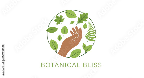 Hand surrounded by leaves in a circle, representing botanical bliss and natural harmony.