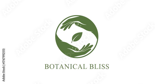 Botanical Bliss Logo - Hands Holding Leaf in Green Circle for Natural Wellness.