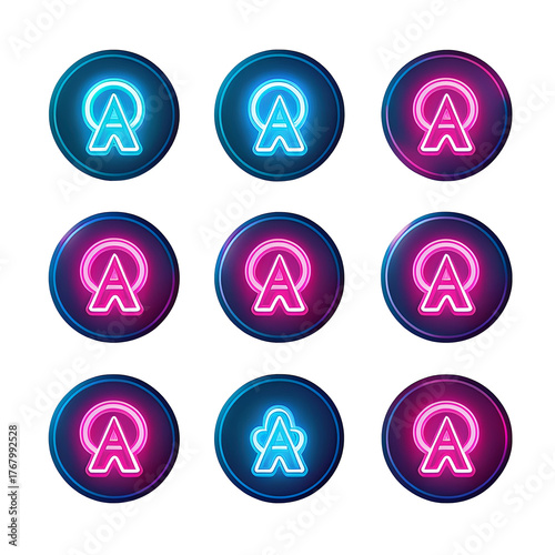 Set of glowing neon letter A icons and logos in circular buttons, featuring vibrant blue and pink lights on a dark background.