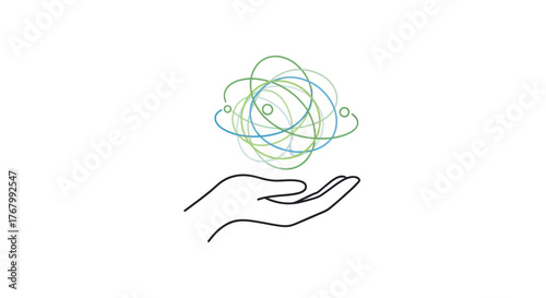 Hand holding abstract atom model science concept.