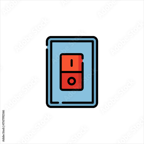 Light switch in the off position on a light blue wall, indicating energy conservation and a mindful approach to electricity usage.