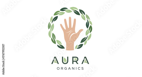 Aura Organics logo design with a hand inside a green leaf wreath.