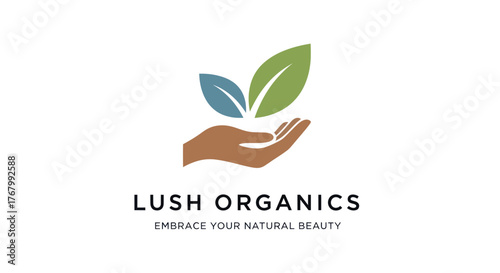 Lush Organics Logo Depicting Hand Holding Leaves Natural Beauty.
