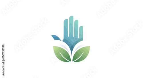 Stylized blue hand growing from vibrant green leaves logo.