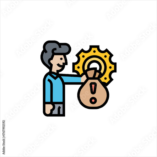 Man holding bag with exclamation mark in front of gear representing problem solving and financial risk in business setting.