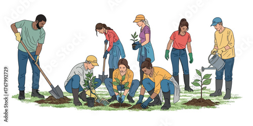 People Planting Trees Together isolated on transparent background