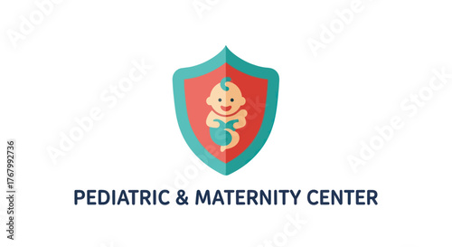 Pediatric and Maternity Center Logo Featuring a Baby and Shield Design.