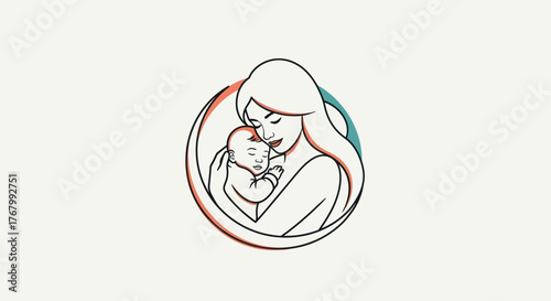 Mother and baby line art illustration representing maternal love and care.