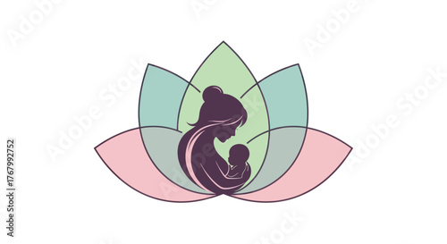 Gentle embrace of a mother and infant within a pastel lotus flower.