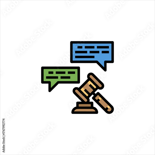 Gavel rests near speech bubbles representing legal debate in courtroom setting, symbolizing justice and legal proceedings.