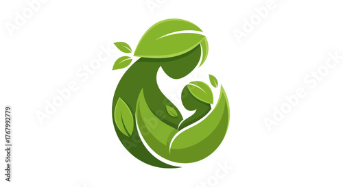 Green Leaf Mother and Child Embrace Logo Design.