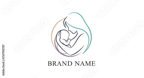 Elegant line art logo of a mother holding her baby.