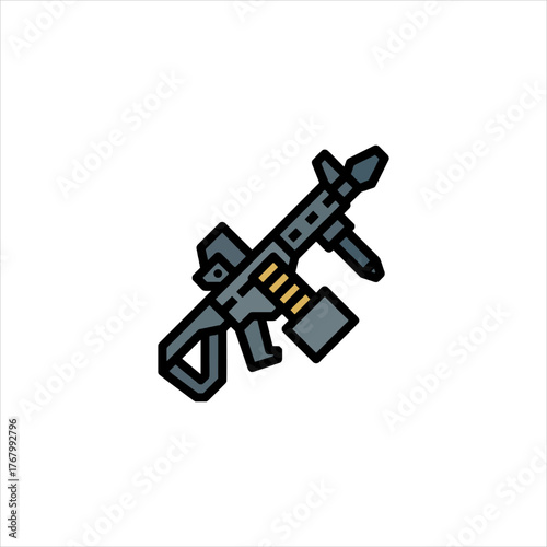 Assault rifle sits isolated on white backdrop representing modern warfare and military technology, symbolizing conflict and power.