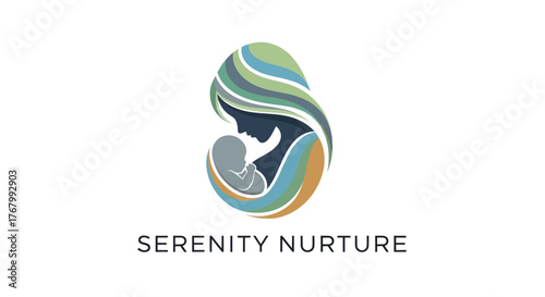 Stylized Silhouette of Mother Holding Baby with Earth Tone Colors for Serenity Nurture Logo.