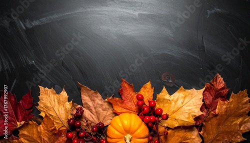 Thanksgiving background decoration from dry leaves,red berries and pumpkin on blackboard background. Flat lay, top view for Autumn, fall, Thanksgiving concept.