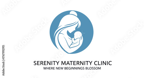Serenity Maternity Clinic Logo Depicting Mother and Child in Blue Circle.