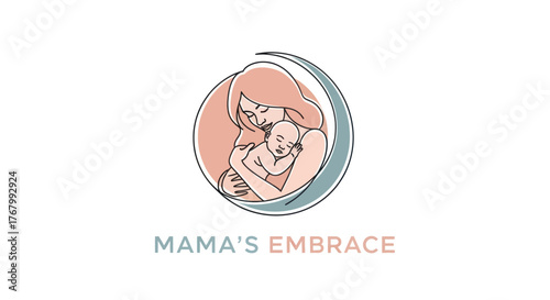 Mamas Embrace Logo Design Featuring Mother Holding Baby Under Crescent Moon.