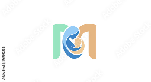 Creative M letter logo design with mother and baby icon.