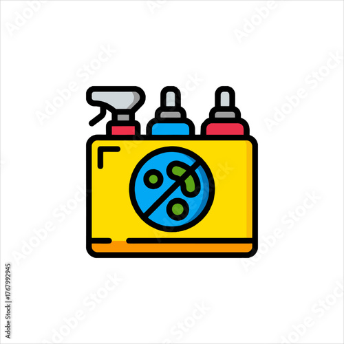 Yellow bottle of disinfectant spray sitting on a shelf, ready to sanitize surfaces and kill germs, providing a sense of cleanliness and safety.