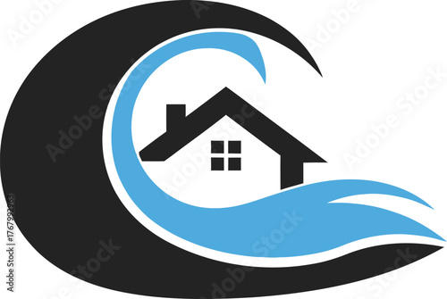 Abstract stylized house icon protected by a protective wave or crescent shape isolated on transparent background