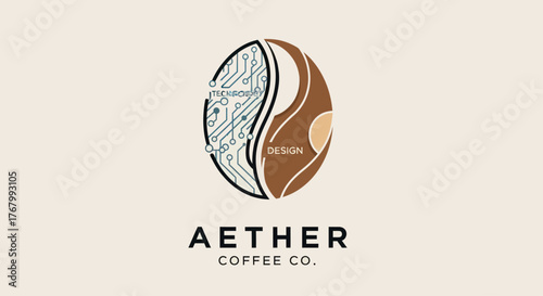 Aether Coffee Co Logo Design - Coffee Bean with Circuitry and Organic Elements.