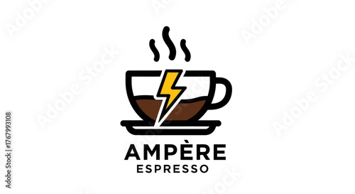 Ampere Espresso Coffee Cup Logo with Lightning Bolt Symbol and Steam.
