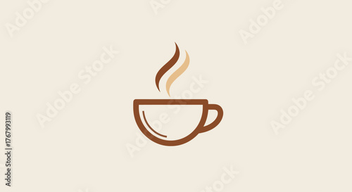 Minimalist brown coffee cup icon with hot steam rising.