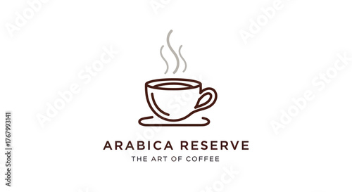 Minimalist line art logo of a steaming coffee cup icon.