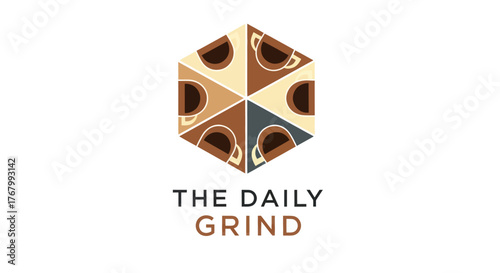 The Daily Grind coffee shop logo with hexagonal design and text.