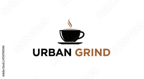 Urban Grind Coffee Logo with Steaming Black Cup and Saucer.