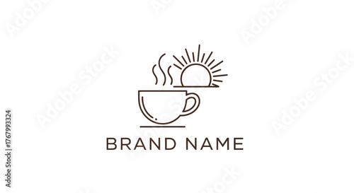 Minimalist Line Art Logo of Steaming Coffee Cup with Rising Sun.